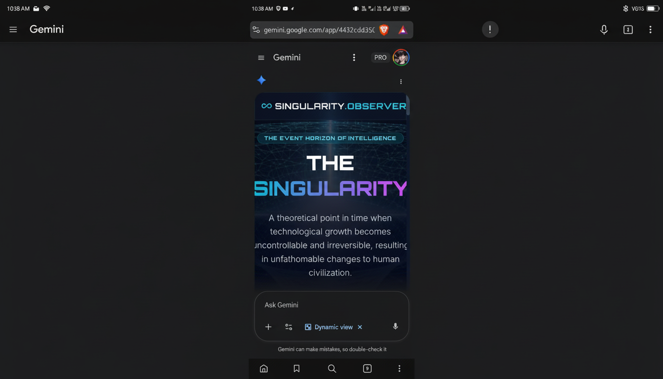 A screenshot of the Gemini app displaying a definition of The Singularity with a dark background and a user profile icon in the top right corner.