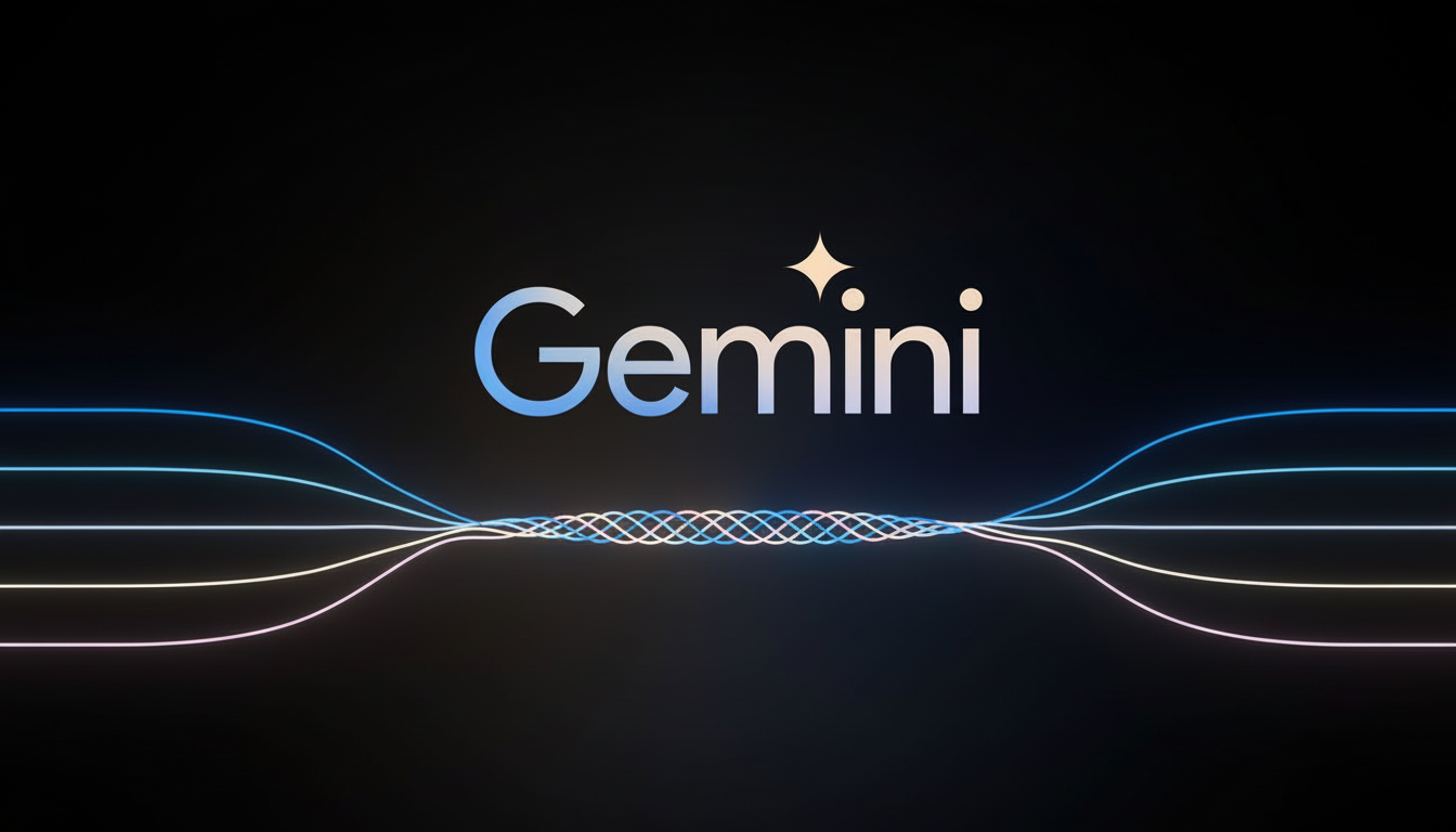 The Gemini logo, featuring the word Gemini in a light blue to white gradient with a four-pointed star replacing the dot over the i, centered on a dark background. Below the logo, several thin, glowing lines in shades of blue, pink, and white curve inwards from both sides, intertwining in the center before curving back outwards.