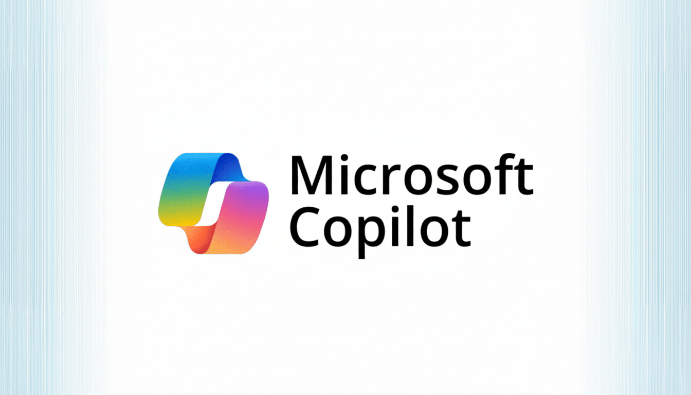 The Microsoft Copilot logo and text on a white background with subtle blue vertical lines on the sides, resized to a 16:9 aspect ratio.