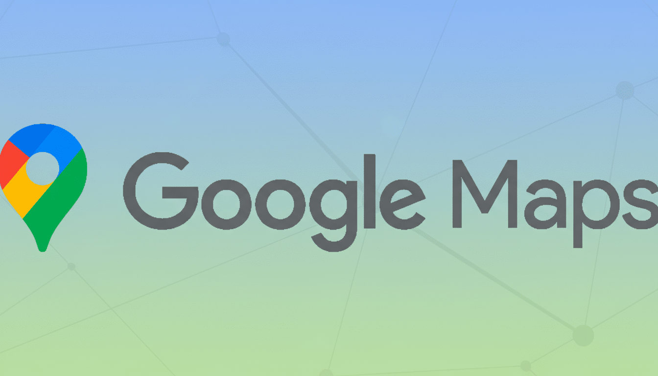 The Google Maps logo and text on a professional flat design background with soft patterns and gradients, resized to a 16:9 aspect ratio.