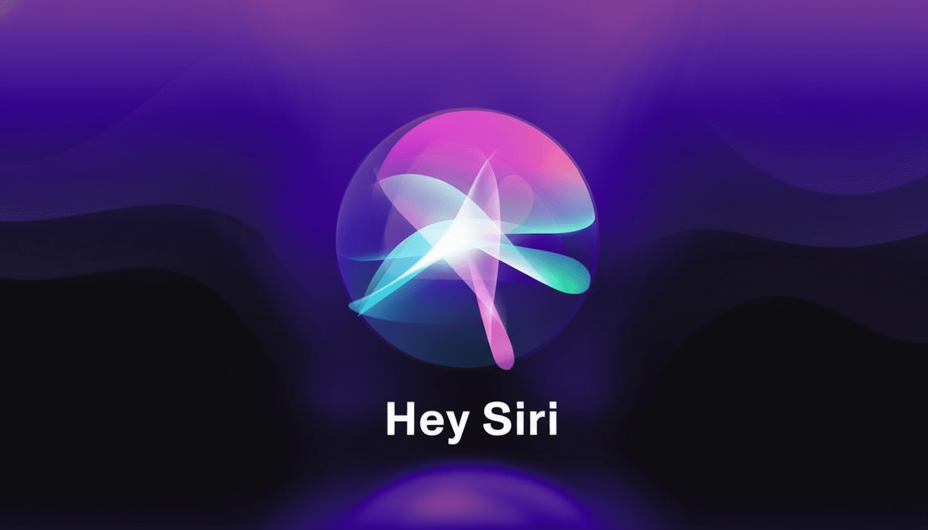 The Siri icon, a glowing, multi-colored orb with swirling light patterns, centered on a gradient background that transitions from purple at the top to dark blue and black at the bottom. The text Hey Siri is displayed in white below the icon.