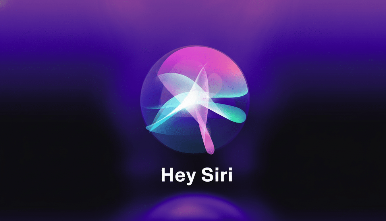 The Siri icon, a glowing, multi-colored orb with swirling light patterns, centered on a gradient background that transitions from dark purple to black, with the text Hey Siri in white below it.