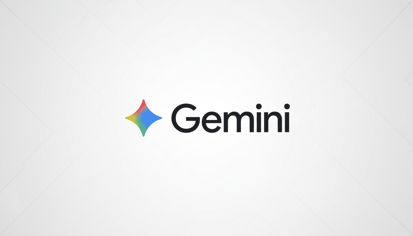 The Gemini logo, featuring a colorful, four-pointed star icon to the left of the word Gemini in black text, set against a white background with subtle, light gray geometric patterns.