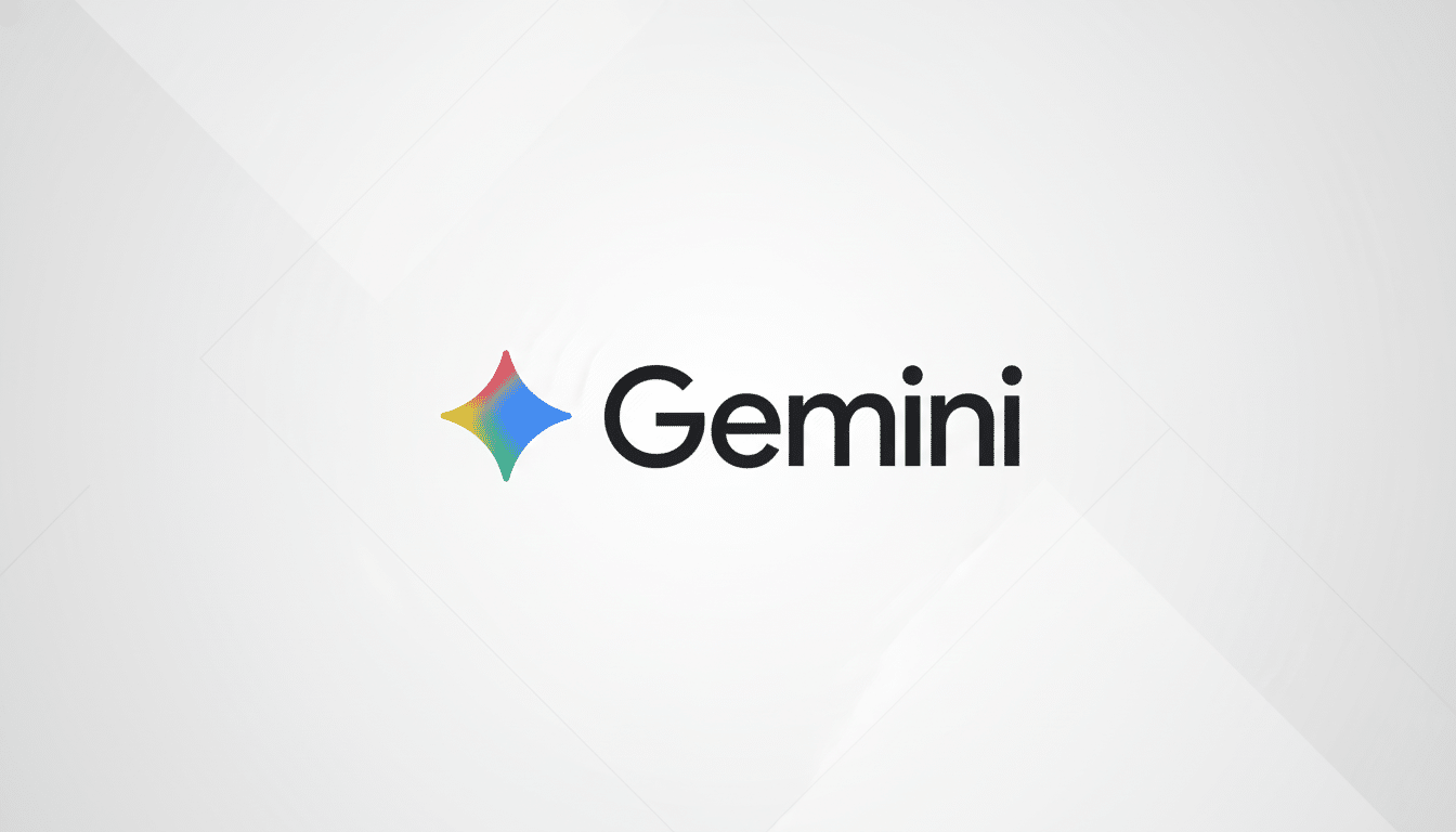 The Gemini logo, featuring a colorful, four-pointed star icon to the left of the word Gemini in black text, presented on a professional light gray background with subtle geometric patterns.