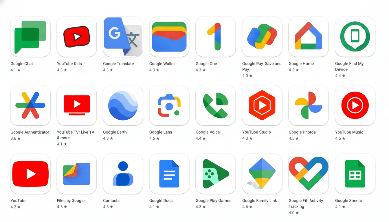 A grid of Google app icons, including Google Chat, YouTube Kids, Google Translate, Google Wallet, Google One, Google Pay, Google Home, Google Find My Device, Google Authenticator, YouTube TV, Google Earth, Google Lens, Google Voice, YouTube Studio, Google Photos, YouTube Music, YouTube, Files by Google, Contacts, Google Docs, Google Play Games, Google Family Link, Google Fit, and Google Sheets.