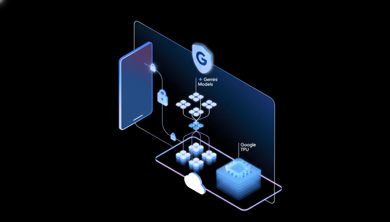 A diagram illustrating the integration of Gemini Models and Google TPU with a mobile device, featuring a secure connection and data flow.