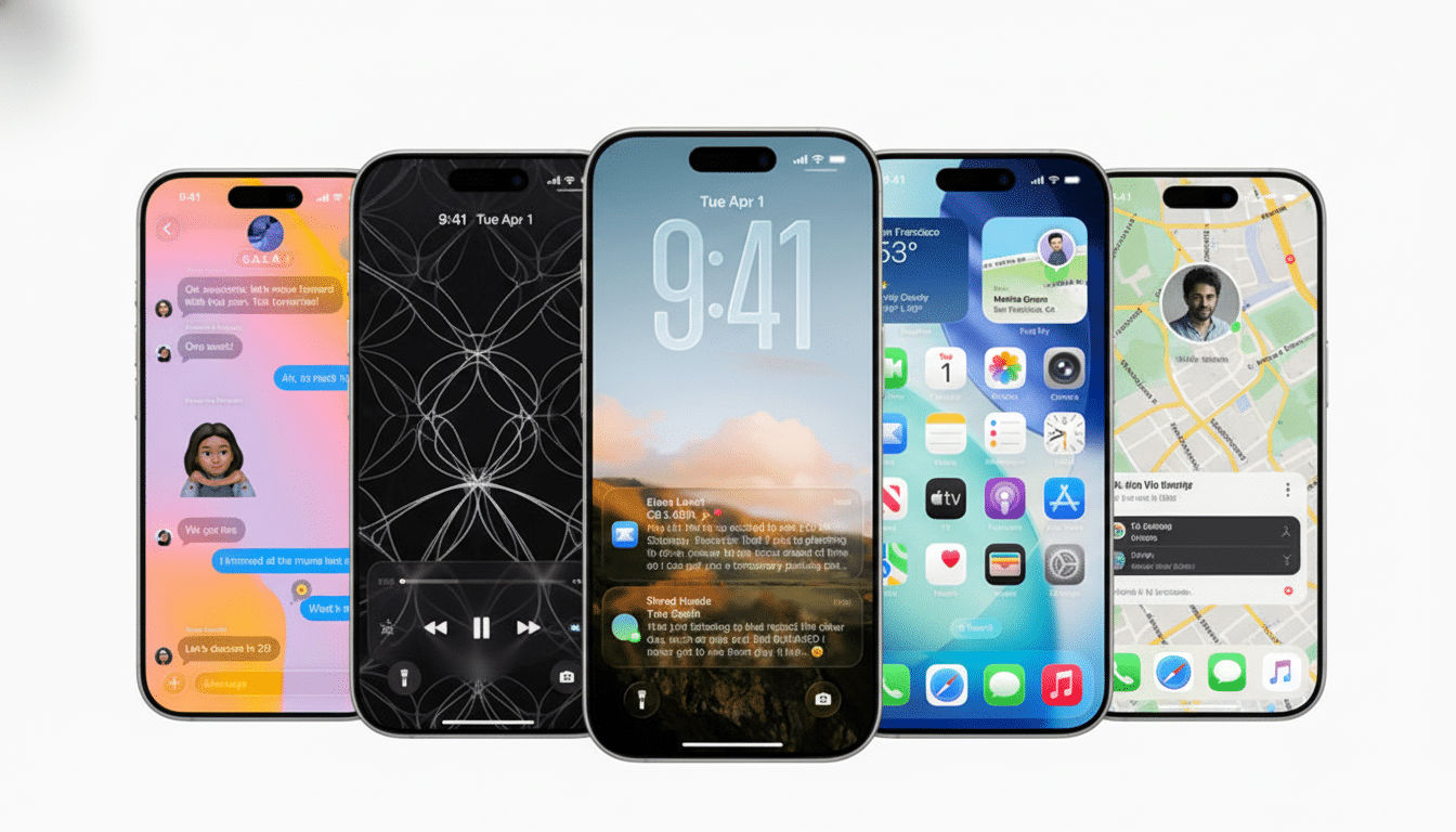 Five iPhones are displayed in a row, each showing a different screen interface. The phones are angled slightly, with the middle phone being the most prominent. The backgrounds of the phones vary, from chat interfaces to lock screens and app layouts.