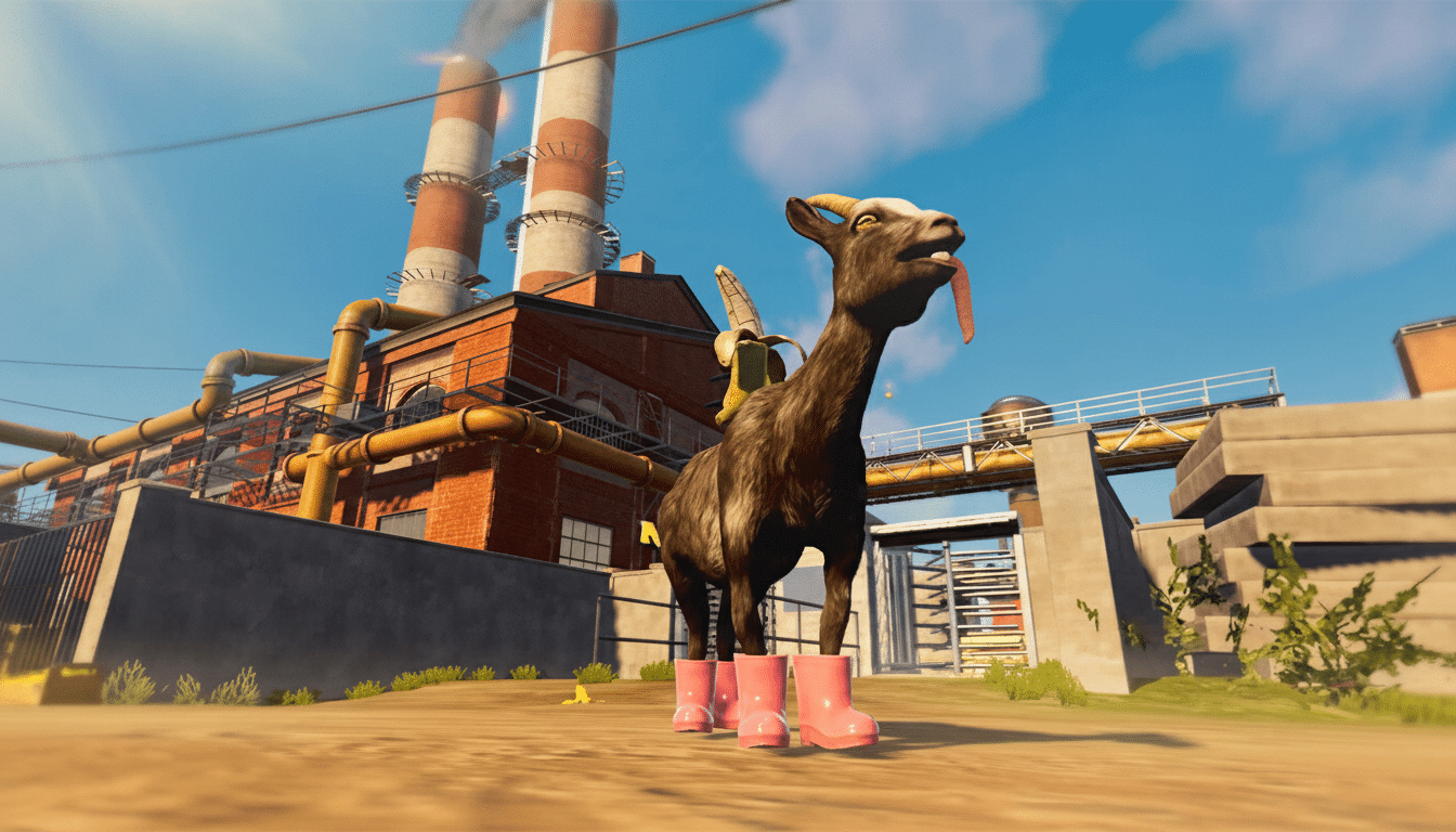 A goat wearing pink boots and carrying a banana on its back stands in front of an industrial building with smokestacks, under a clear blue sky.