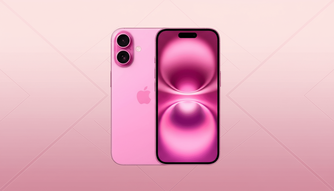 A pink smartphone with a dual-camera system on the back and a screen displaying a pink abstract design, set against a light pink background with subtle geometric patterns.