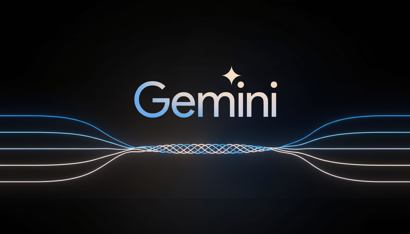 The Gemini logo, featuring the word Gemini in a light blue to white gradient, with a four-pointed star replacing the dot over the i. Below the logo, several thin, glowing lines in shades of blue, pink, and white curve inwards from both sides, intertwining in the center to form a braided pattern, all set against a dark background.