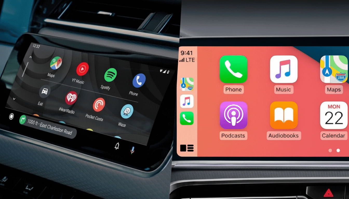 A split image showing a cars infotainment system. On the left, a screen displays Android Auto with various app icons like Maps, YouTube Music, Spotify, and Phone. On the right, a screen displays Apple CarPlay with icons for Phone, Music, Maps, Podcasts, Audiobooks, and Calendar.