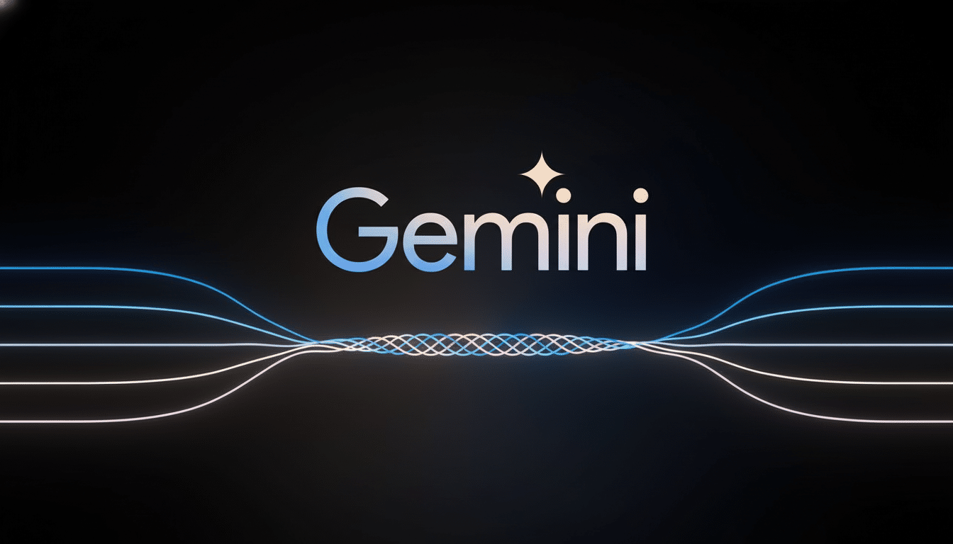 The Gemini logo, featuring the word Gemini in a light blue to white gradient, with a four-pointed star replacing the dot over the i. Below the logo, several thin, glowing lines in shades of blue, pink, and white converge and intertwine in the center before diverging again, all set against a dark background.