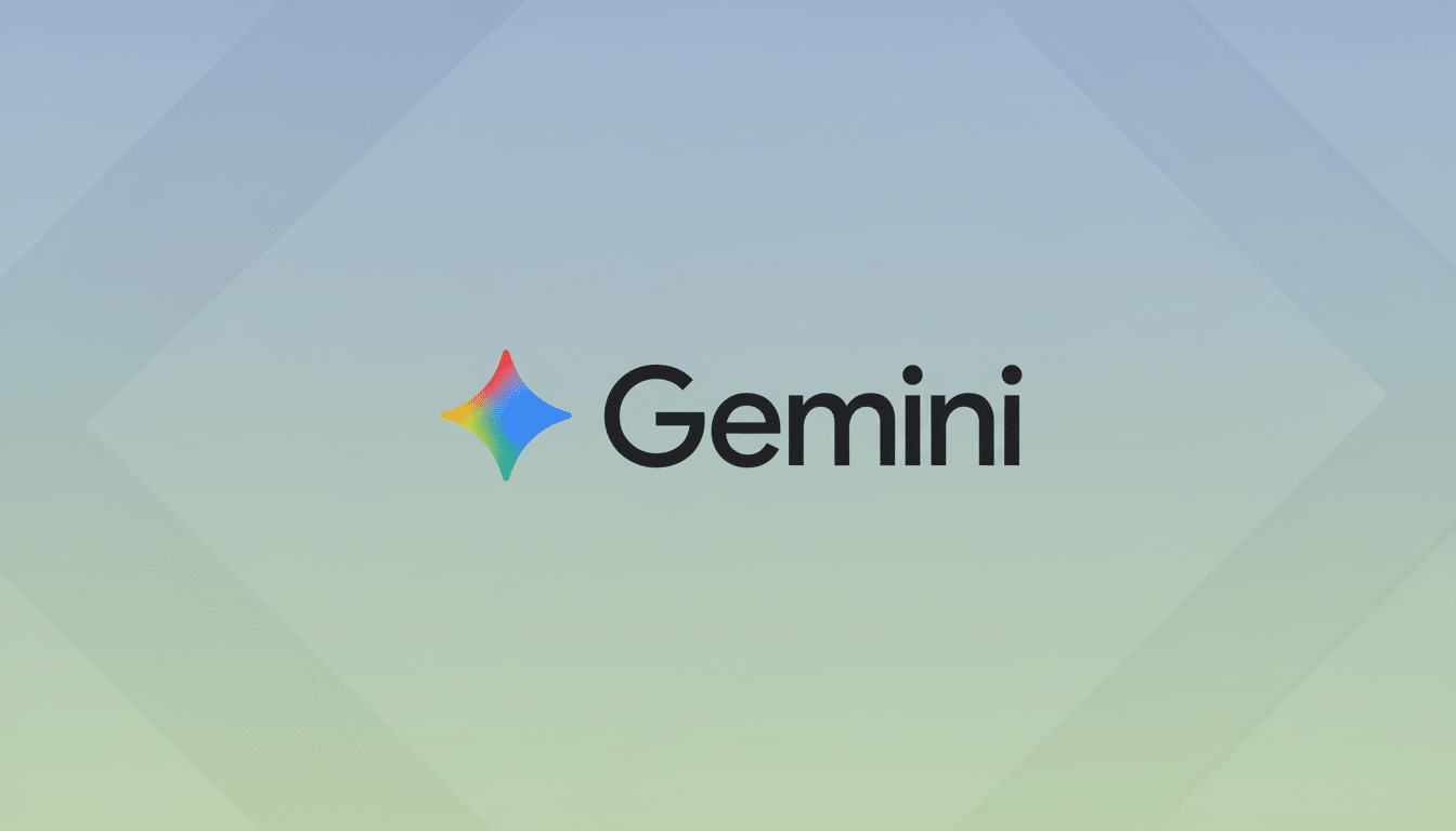 The Gemini logo, featuring a colorful, four-pointed star icon to the left of the word Gemini in black text, set against a professional flat design background with soft blue and green gradients and subtle geometric patterns.