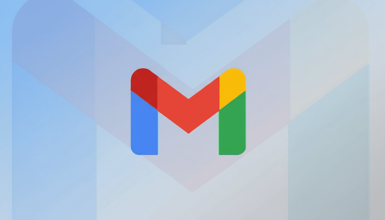 The Gmail logo, a stylized M formed by red, blue, yellow, and green shapes, centered on a professional light blue and white gradient background with subtle geometric patterns.