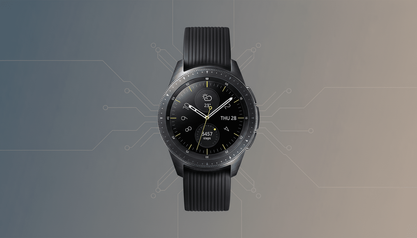 A black Samsung Galaxy Watch with a black strap and a digital display showing the time, date, weather, and step count, presented on a professional flat design background with soft patterns.