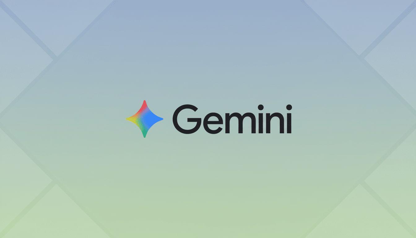 The Gemini logo, featuring a colorful, four-pointed star icon to the left of the word Gemini in black text, set against a professional flat design background with soft blue and green gradients and subtle geometric patterns.