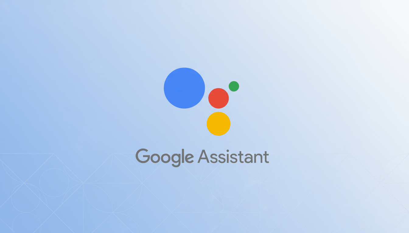 The Google Assistant logo, featuring four colored dots (blue, red, yellow, green) above the text Google Assistant, presented on a professional light blue gradient background with subtle geometric patterns.