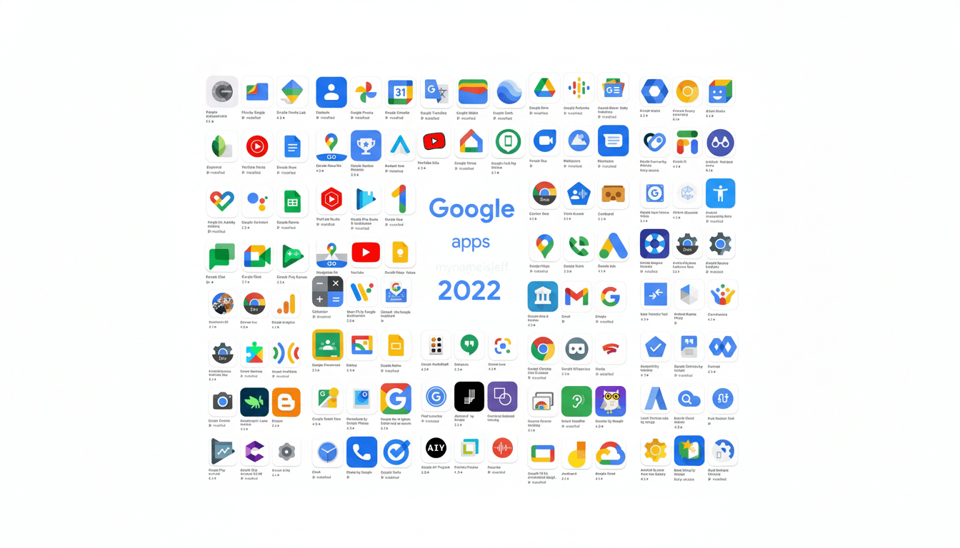 A professionally enhanced image of various Google app icons arranged in a grid, with the Google apps 2022 logo prominently displayed in the center. The background is a clean, professional flat design with soft gradients, and the app icons remain unchanged.