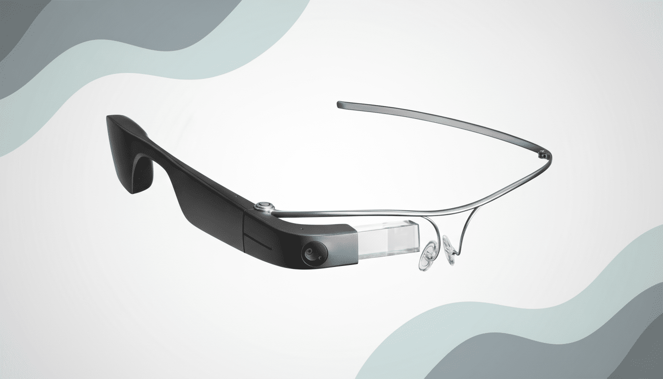 A pair of Google Glass smart glasses, black and silver, presented on a professional flat design background with soft gray and teal wave patterns.
