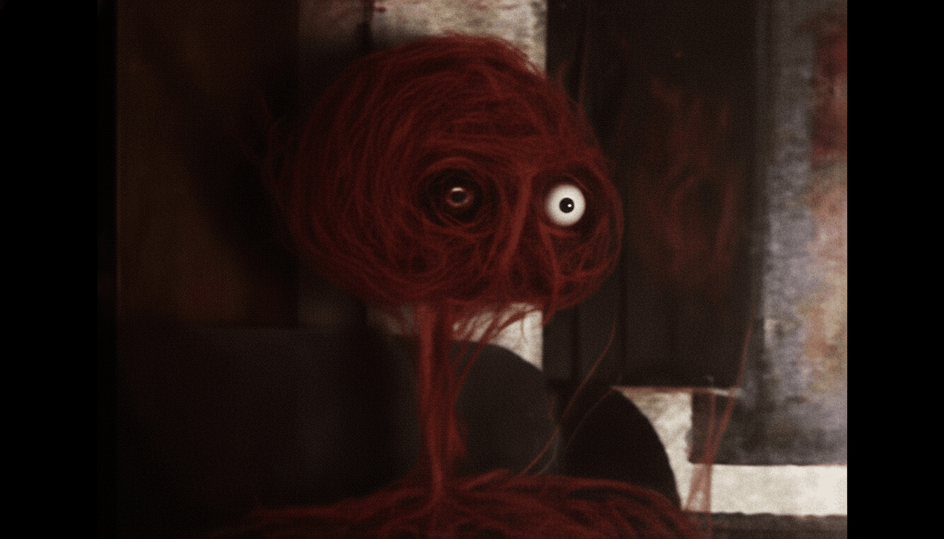 A red, stringy creature with one large white eye and one dark, recessed eye, set against a dark, textured background.