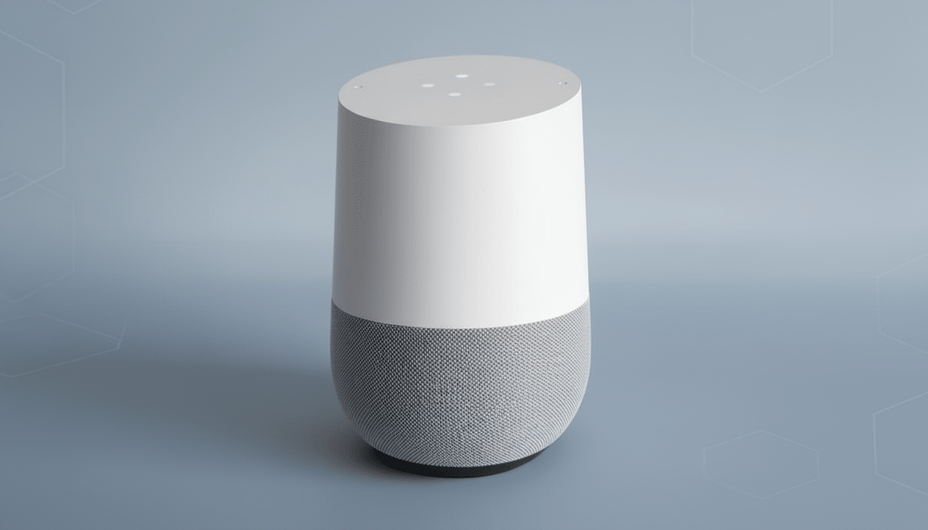A Google Home smart speaker on a professional flat design background with soft patterns.