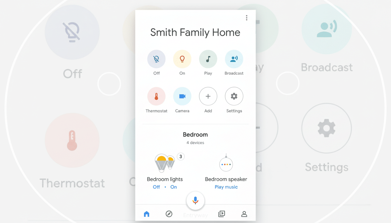 A professionally enhanced image of the Google Home app interface, resized to a 16:9 aspect ratio. The app displays controls for Smith Family Home with options like Off, On, Play, Broadcast, Thermostat, Camera, Add, and Settings. Below, it shows Bedroom with 4 devices, specifically Bedroom lights (currently Off) and Bedroom speaker (with an option to Play music). The background has been subtly changed to a professional flat design with soft patterns and gradients, while the app interface remains unchanged.