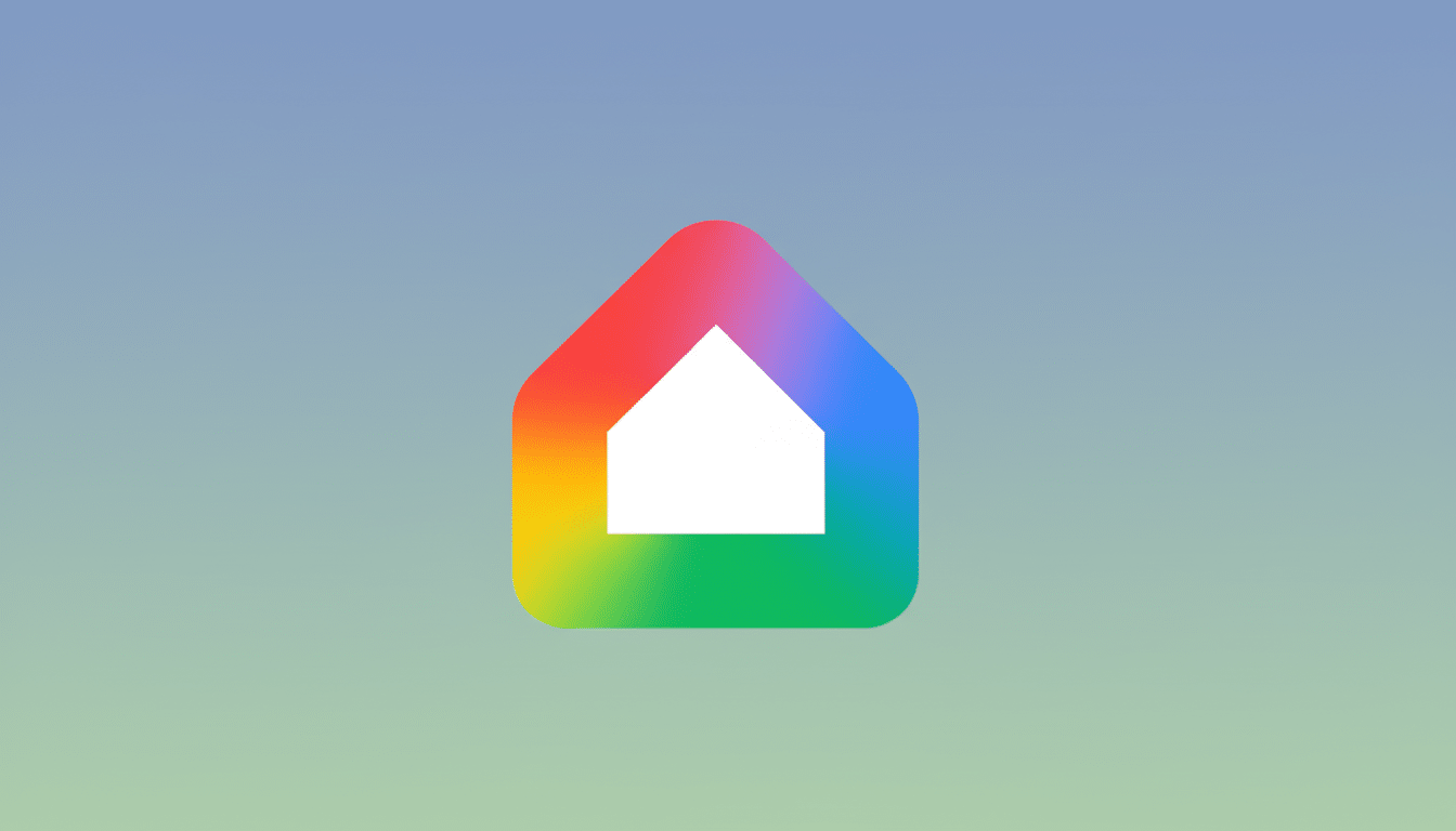 A colorful house icon with a white interior, set against a professional flat design background with a soft blue and green gradient.