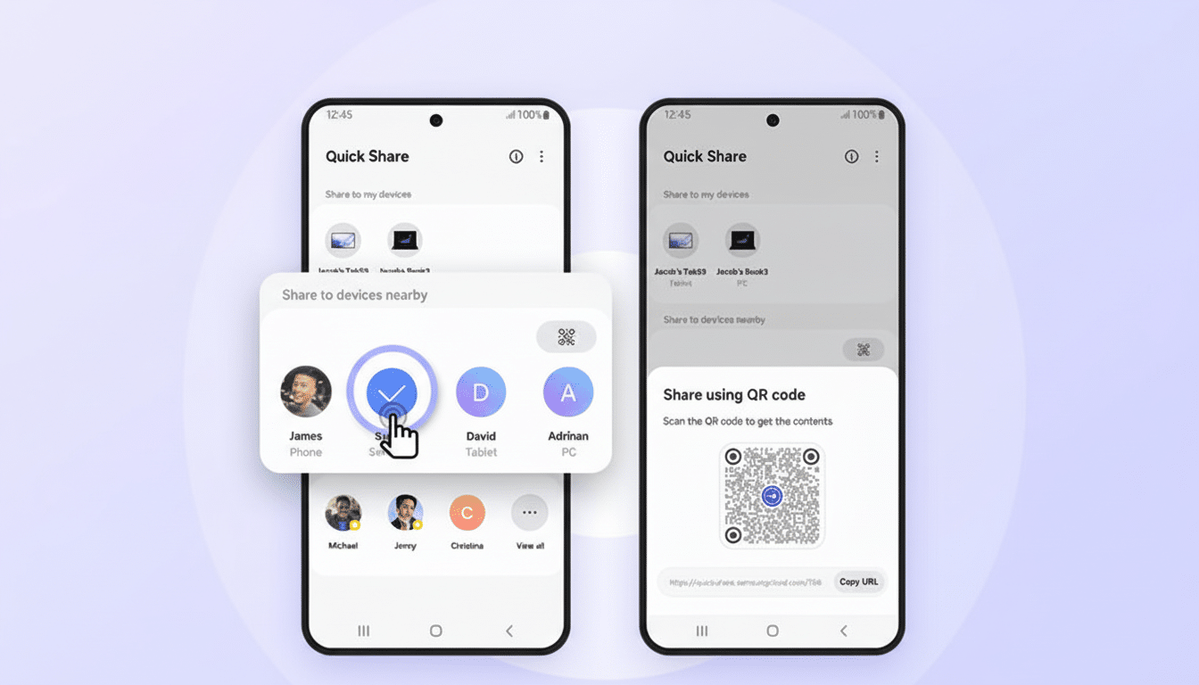 A 16:9 aspect ratio image showing two Samsung phones demonstrating the Quick Share feature. The left phone displays a Share to devices nearby pop-up with various contacts, and a hand cursor is selecting one. The right phone shows a Share using QR code option with a QR code displayed.