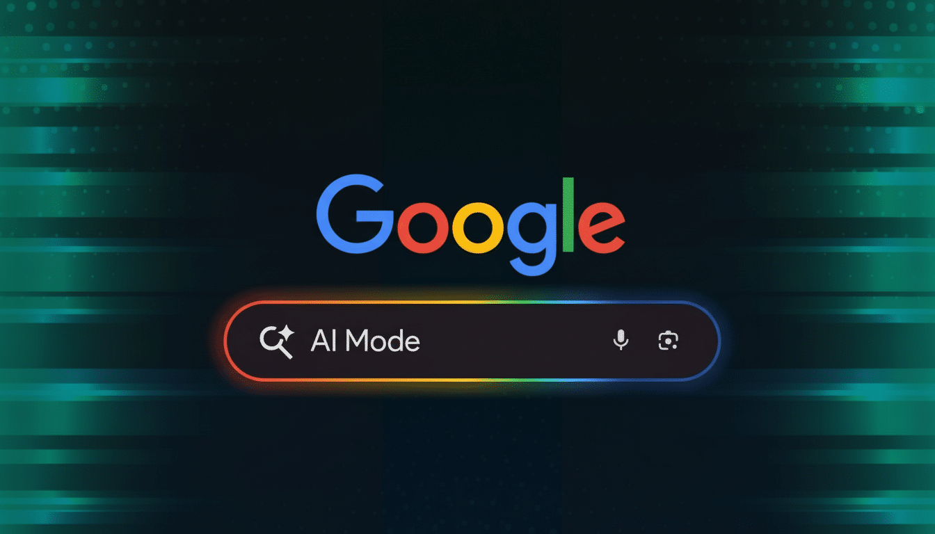 The Google logo above a search bar displaying AI Mode with a magnifying glass icon, microphone icon, and camera icon, all set against a dark background with green horizontal lines and subtle dot patterns.