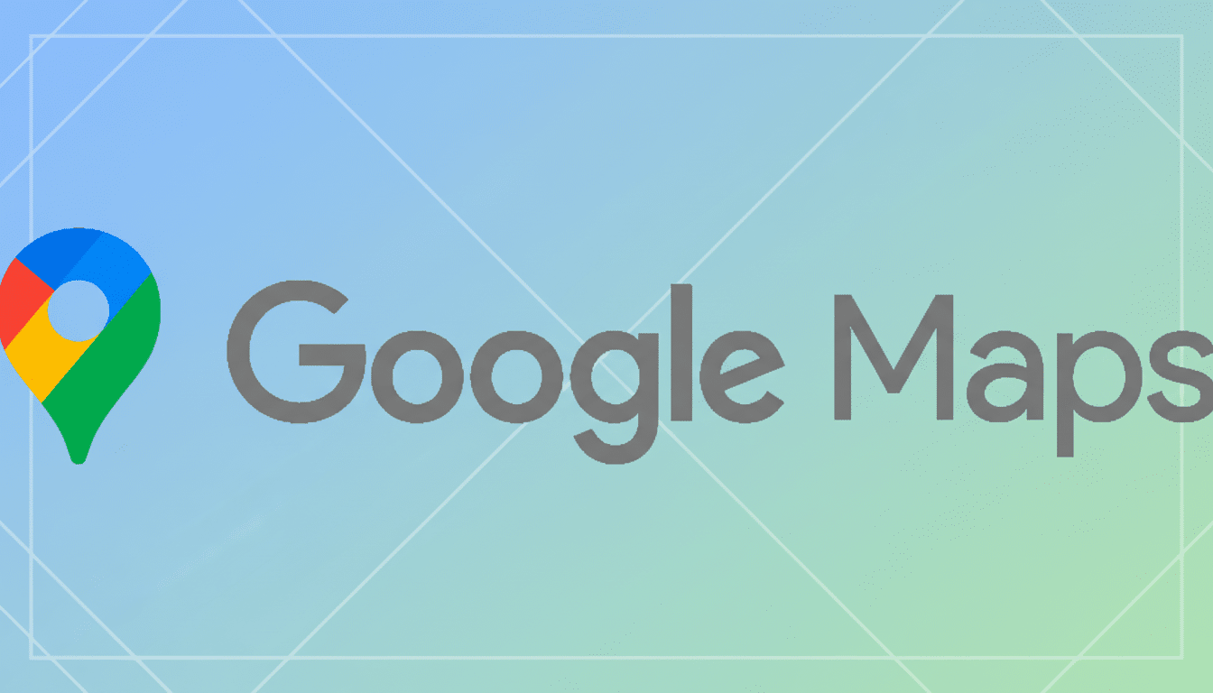 The Google Maps logo and text on a professional flat design background with soft blue and green gradients and subtle geometric patterns.