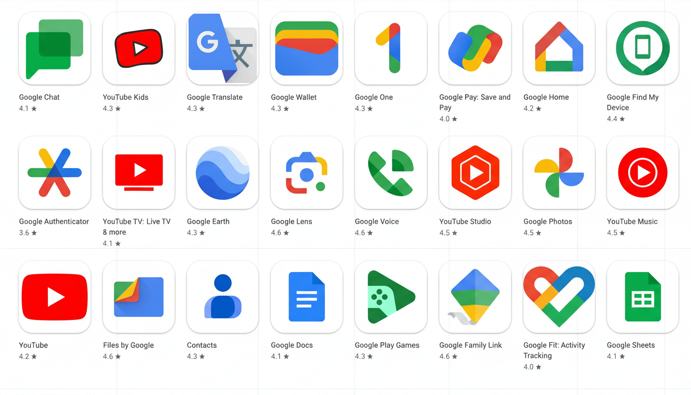 A grid of Google app icons, including Google Chat, YouTube Kids, Google Translate, Google Wallet, Google One, Google Pay, Google Home, Google Find My Device, Google Authenticator, YouTube TV, Google Earth, Google Lens, Google Voice, YouTube Studio, Google Photos, YouTube Music, YouTube, Files by Google, Contacts, Google Docs, Google Play Games, Google Family Link, Google Fit, and Google Sheets.
