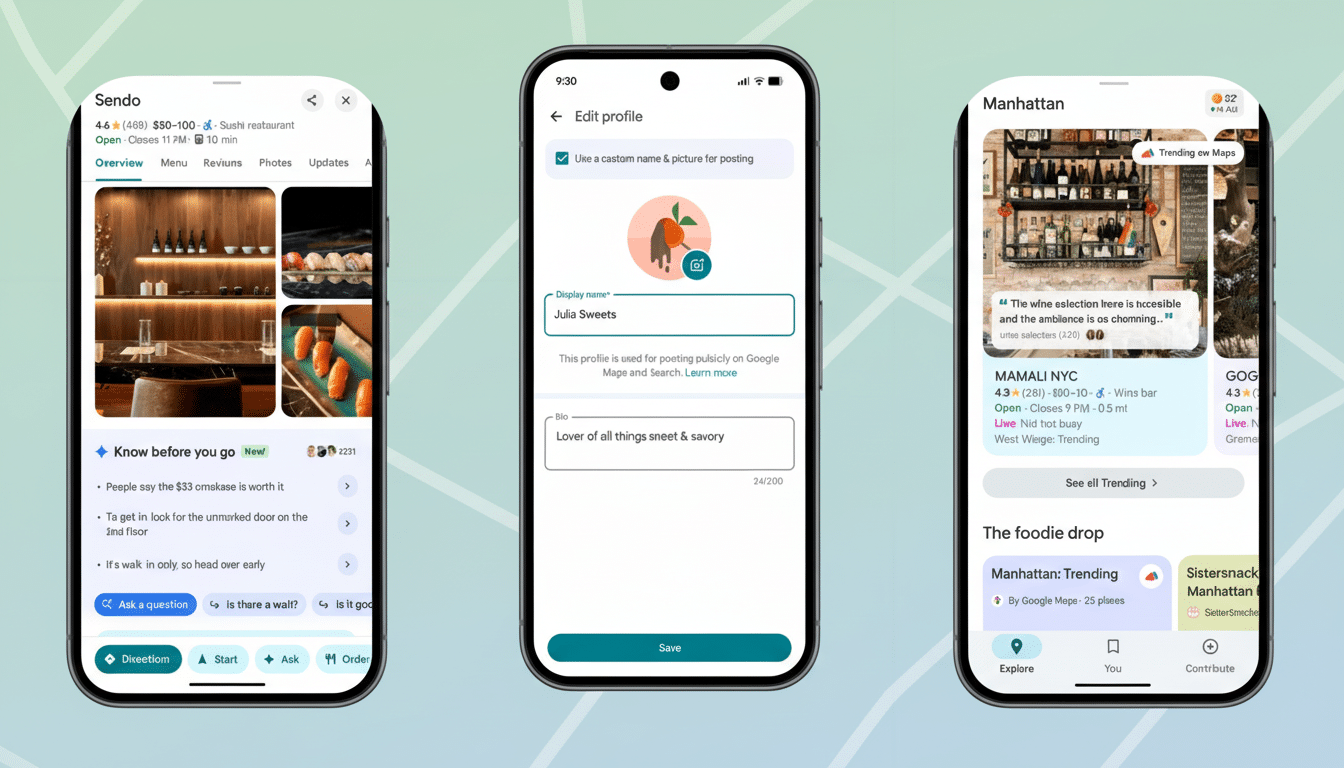 Three mobile phone screens displaying different interfaces of a food-related app. The first screen shows a restaurants profile with photos and reviews. The second screen shows an Edit profile page with fields for display name and bio. The third screen displays trending food spots in Manhattan.
