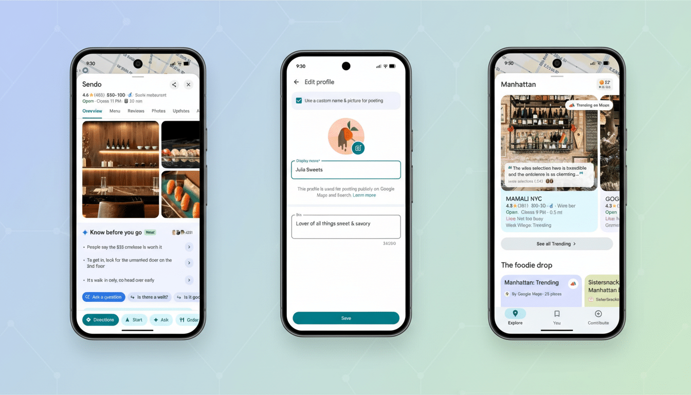 Three smartphone screens displaying Google Maps interfaces, with the background updated to a professional flat design with soft patterns and gradients.