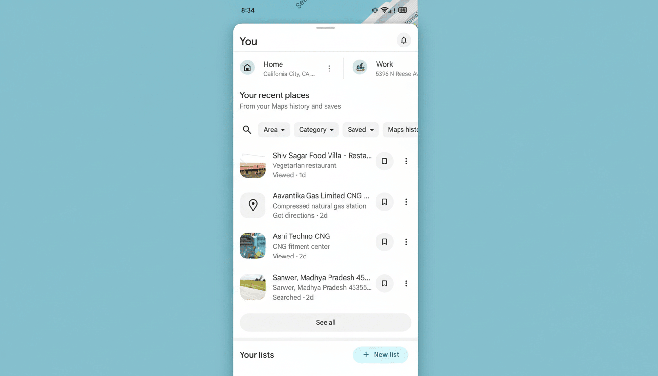A screenshot of the Google Maps You tab, showing recent places and lists, resized to a 16:9 aspect ratio with a professional flat design background.