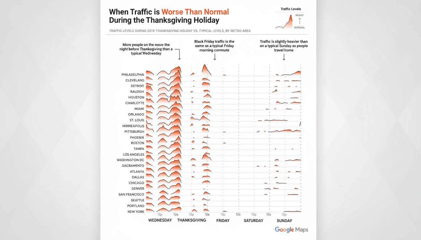 A bar chart showing traffic levels in various US cities during the 2018 Thanksgiving holiday compared to typical levels.