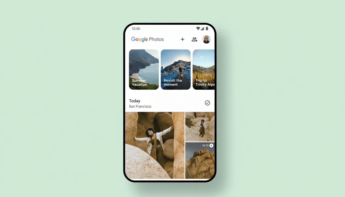 A smartphone displaying the Google Photos app interface, showcasing various photo albums and a Today section with images of a person in a rocky landscape. The phone is centered on a light green background.