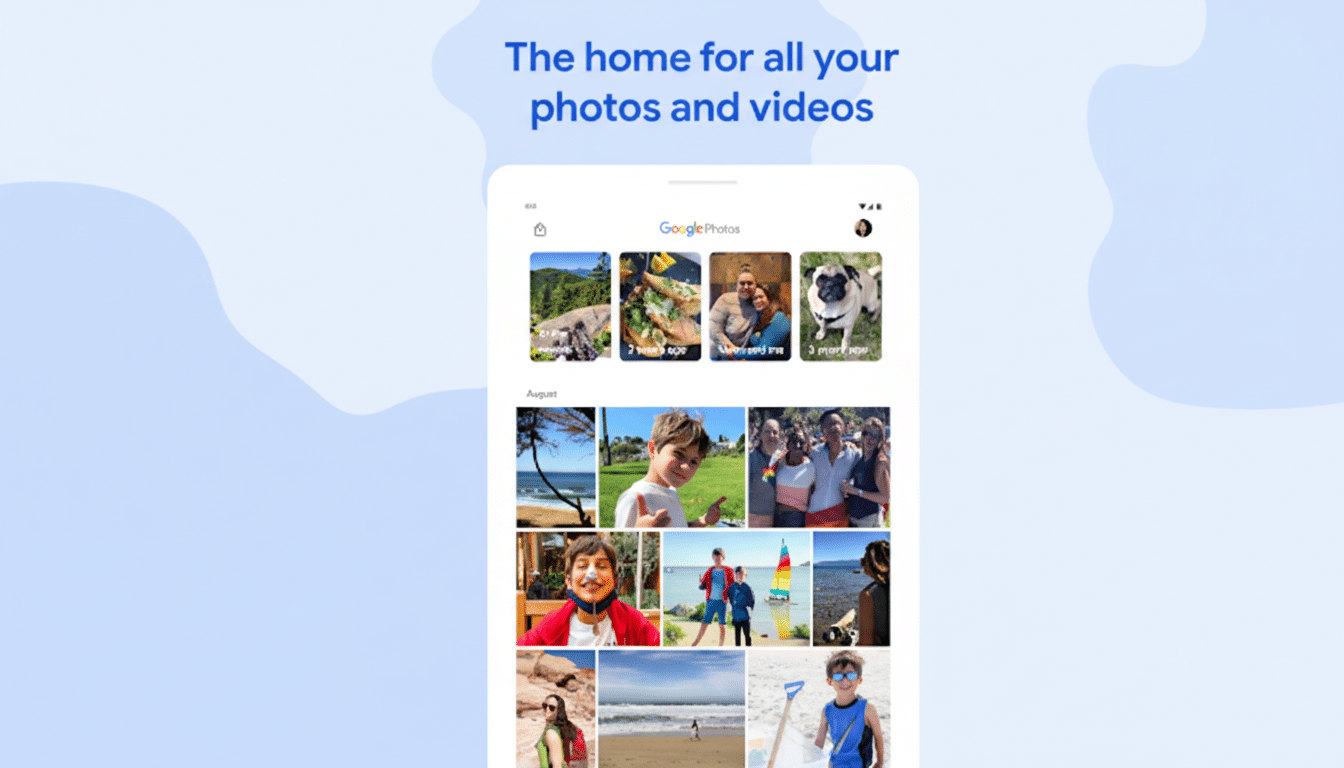 A screenshot of the Google Photos app interface, displaying a grid of various personal photos and videos, with the text The home for all your photos and videos at the top.