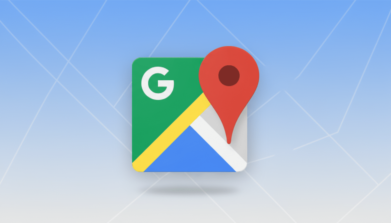 The Google Maps app icon, featuring a green square with a white G, a yellow and blue road, and a red location pin, set against a professional light blue background with subtle geometric patterns.