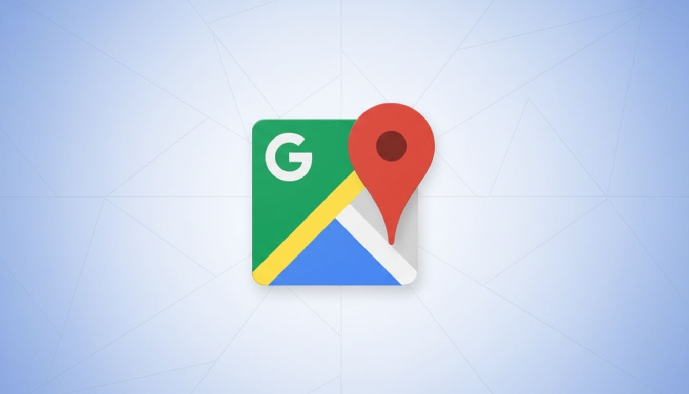 The Google Maps app icon, featuring a green square with a white G, a yellow and blue road, and a red location pin, set against a light blue background with a subtle geometric pattern.