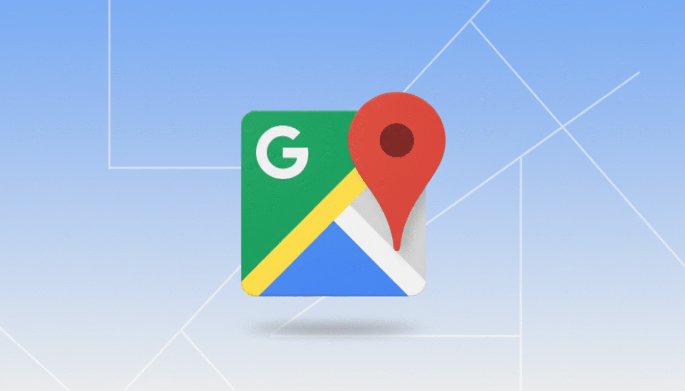 The Google Maps app icon, featuring a green square with a white G, a yellow and blue road, and a red location pin, set against a professional light blue background with subtle geometric patterns.