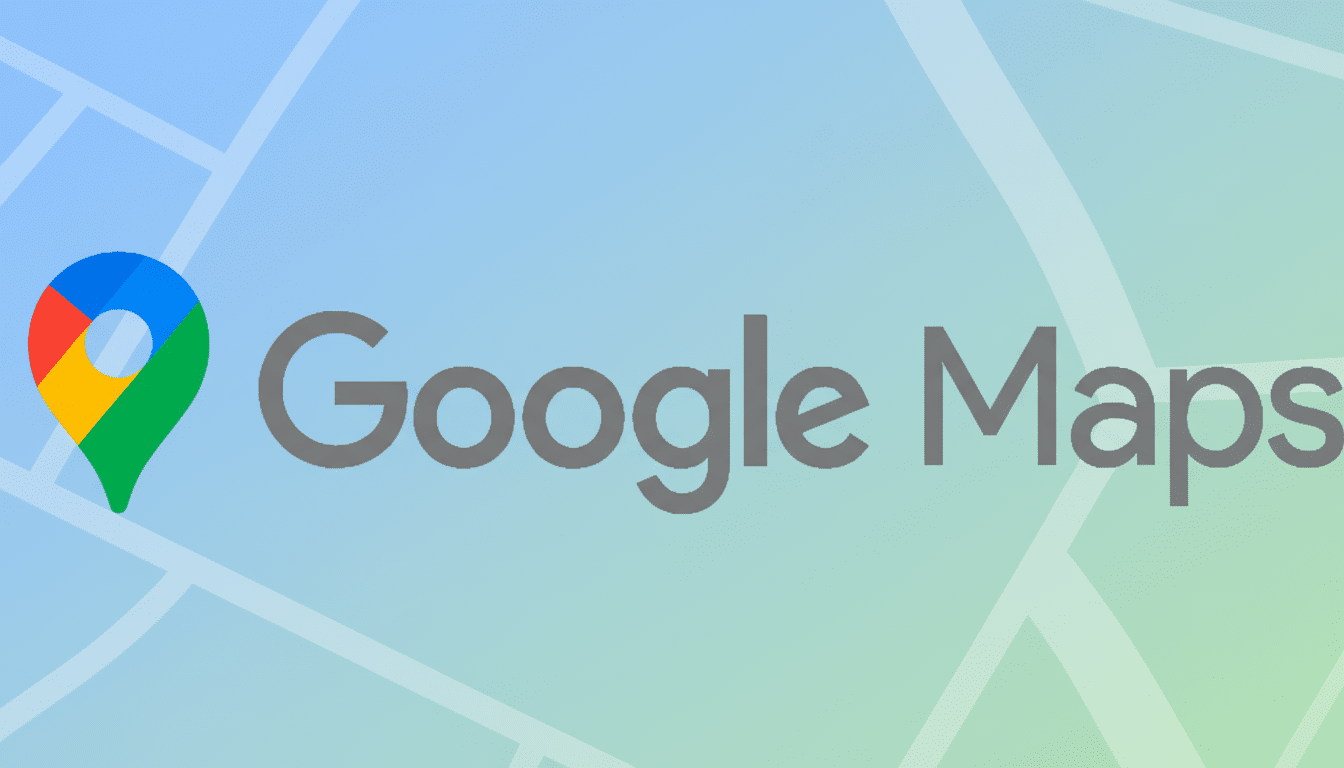 The Google Maps logo and text on a professional flat design background with soft patterns and a blue-green gradient.