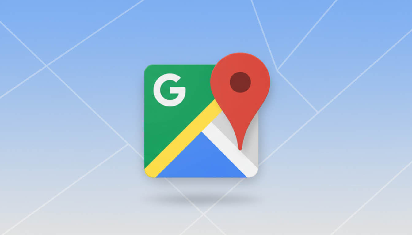 The Google Maps app icon, featuring a green square with a white G and a stylized map, overlaid with a red location pin, set against a professional light blue background with subtle geometric patterns.
