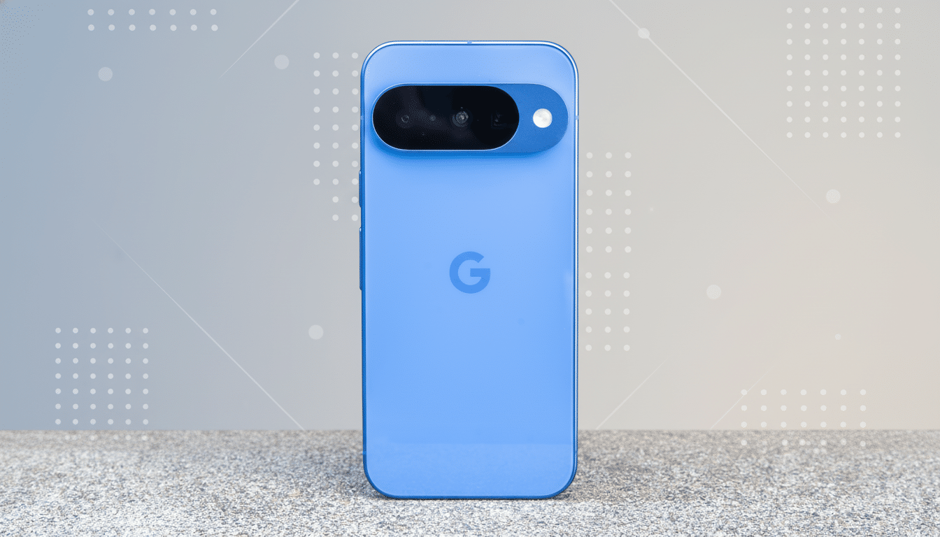 A blue Google Pixel phone standing upright on a textured surface, with a professionally enhanced background featuring soft gray and white patterns.