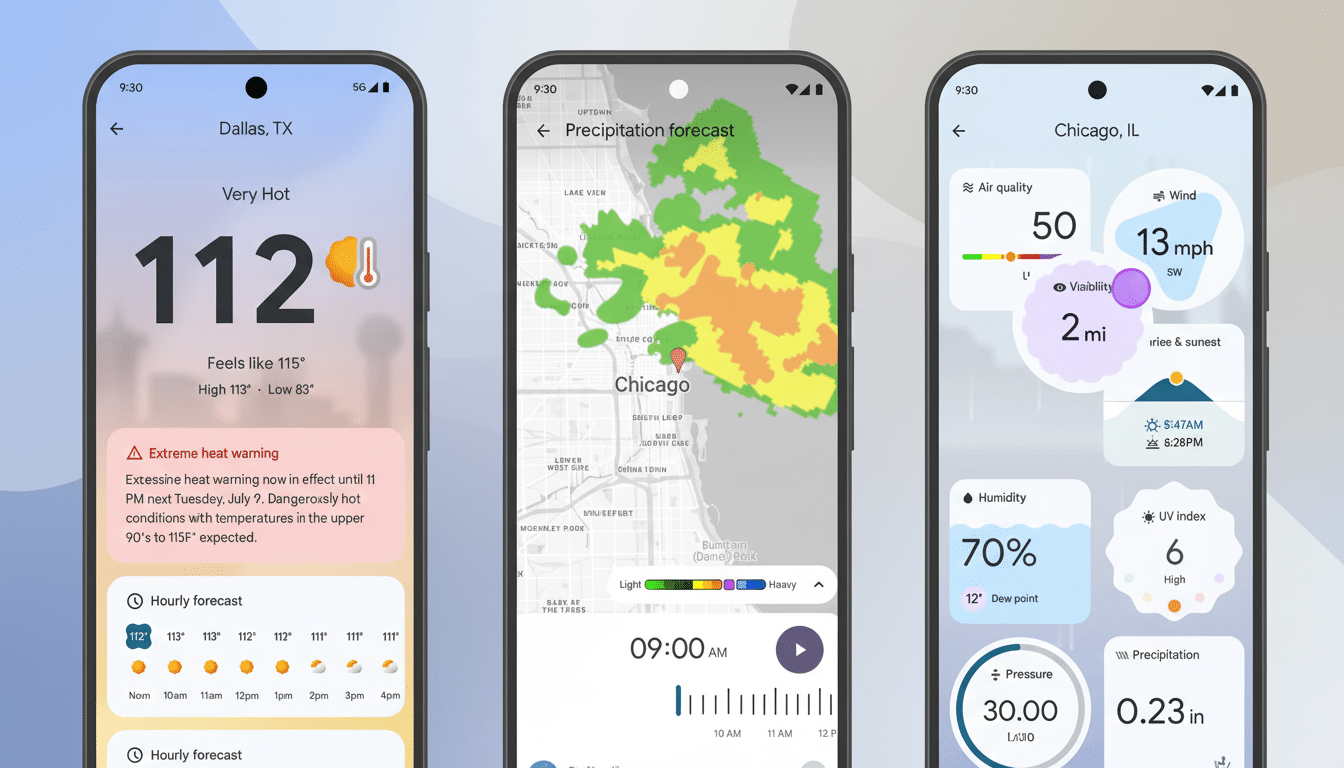 Three smartphone screens displaying weather information. The first shows a Very Hot temperature of 112 degrees in Dallas, TX, with an extreme heat warning. The second shows a precipitation forecast map for Chicago. The third shows detailed weather metrics for Chicago, IL, including air quality, wind, humidity, UV index, pressure, and precipitation.