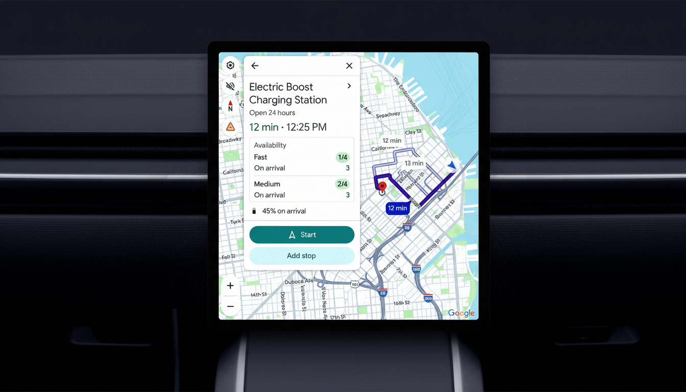 A cars infotainment screen displaying a map with directions to an Electric Boost Charging Station in San Francisco. The screen shows charging availability and estimated arrival time.