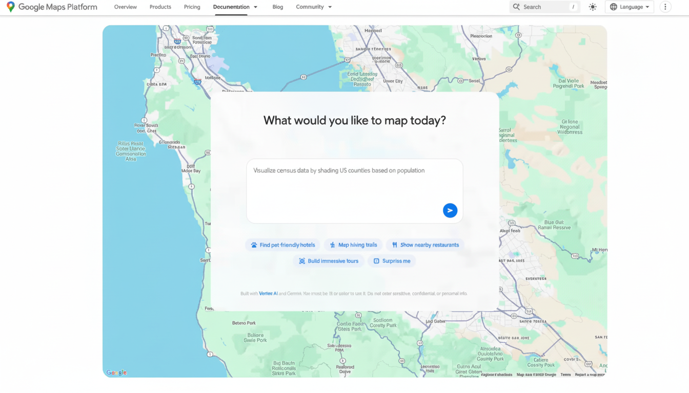 A screenshot of the Google Maps Platform interface, displaying a map of California with a central pop-up asking What would you like to map today? and options to visualize census data, find hotels, hiking trails, or restaurants.