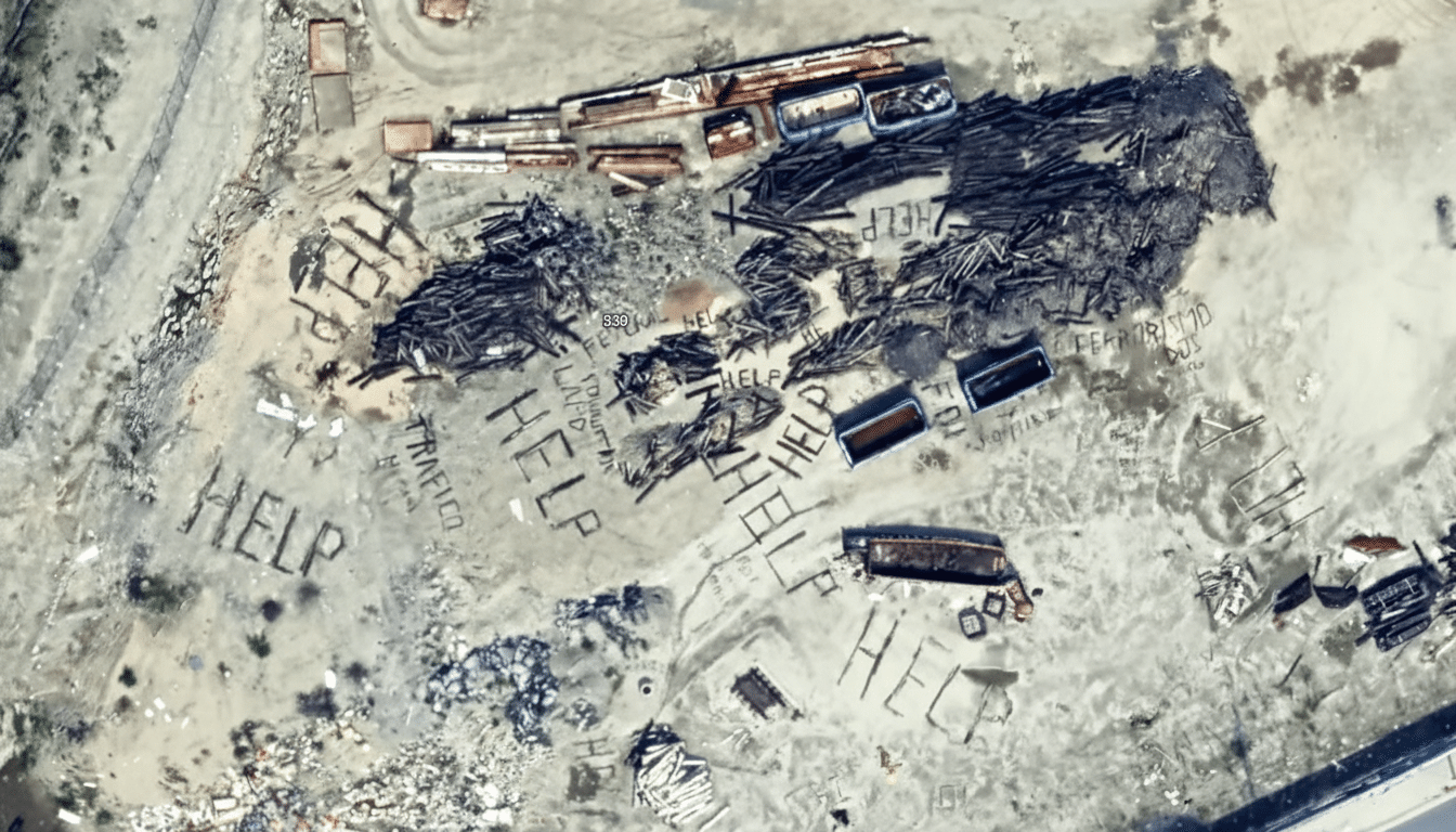 An aerial view of a desolate, sandy area with the word HELP spelled out multiple times using debris and objects on the ground.