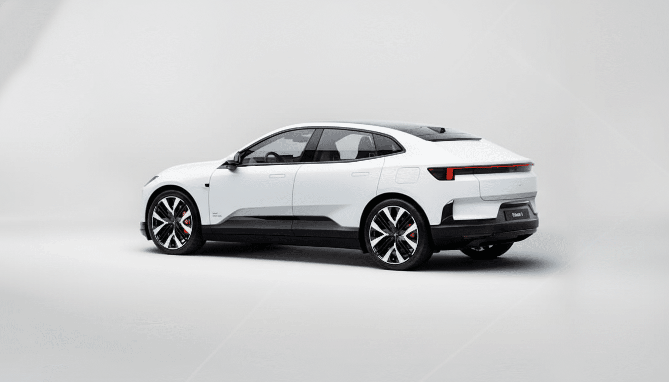 A white Polestar 4 electric vehicle is shown from a rear-side angle on a clean white background, resized to a 16:9 aspect ratio.