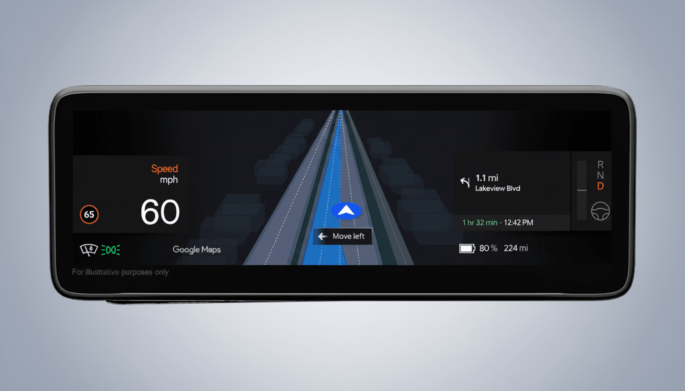 A smartphone displaying Google Maps navigation in a car, showing speed, directions, and battery life, set against a professional gray gradient background.
