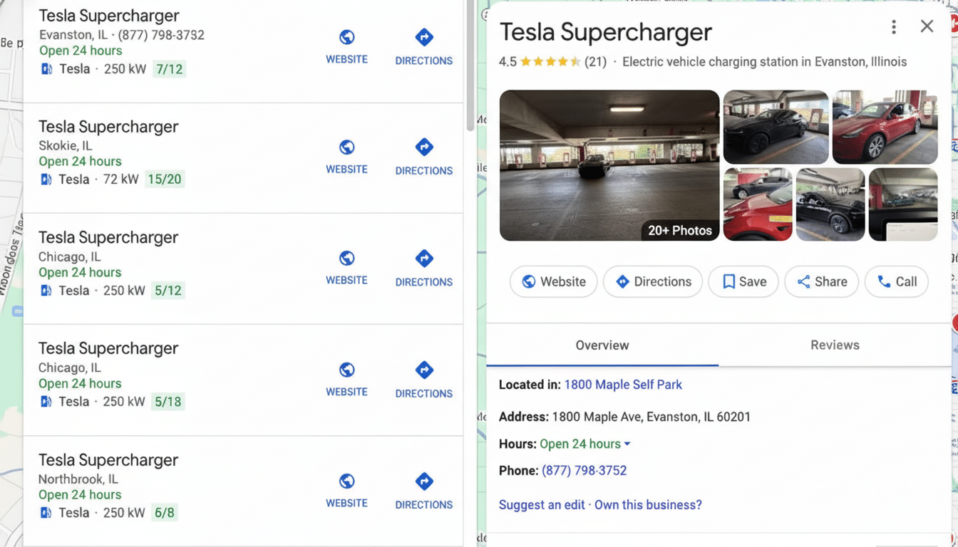 Google Maps displaying real-time Tesla Supercharger availability and locations